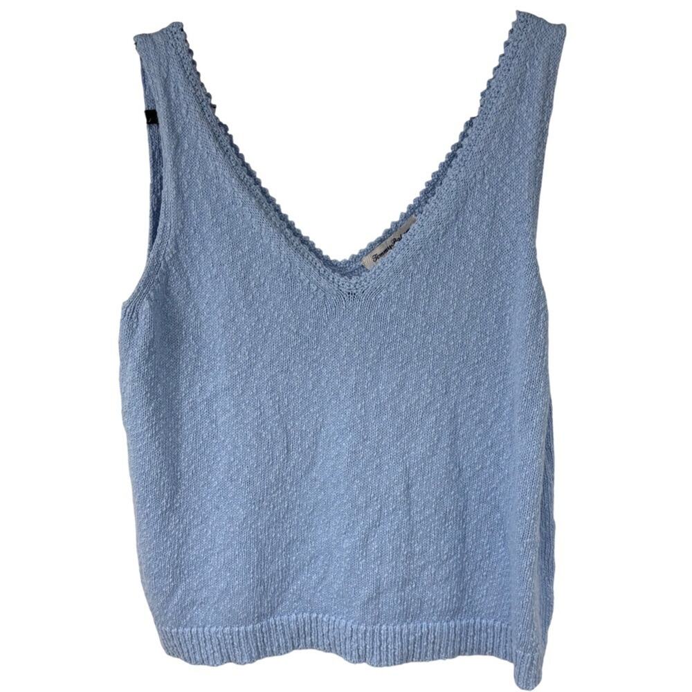 Tommy Bahama Blue Knit V Neck Tank Top Cotton Linen Blend Womens M